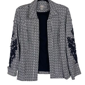CHICO’S Women’s Black & White Menswear Ponte Jacket Appliqué Detailing S…